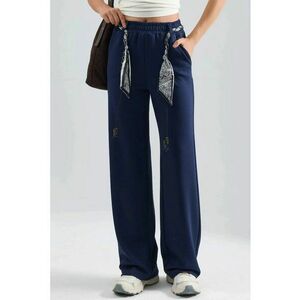 Pantaloni dama - tricotati - talie inalta - bleumarin - textil - Albastru marin imagine