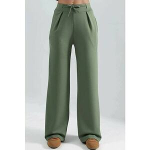 Pantaloni dama - Palazzo plisati - talie normala - verde - Kaki imagine