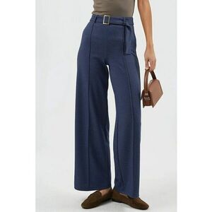 Pantaloni dama - talie inalta - picior drept - textil - Albastru imagine