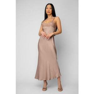 Rochie lunga cu bretele si dantela Beige 20063 - Bej imagine