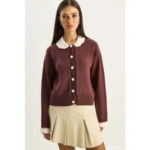 Pulover dama - cardigan tricotat cu nervuri groase - inchidere cu nasturi - Visiniu imagine