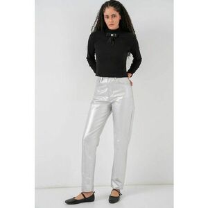 Pantaloni dama - cu talie inalta - croiala dreapta - argintiu - bumbac - Argintiu imagine