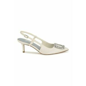 Pantofi cu varf ascutit si bareta slingback Aimey - Alb fildes/Argintiu imagine