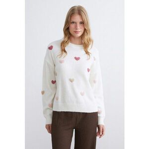 Pulover cu maneci cazute si model cu inimi - Alb murdar/Roz prafuit/Bej deschis imagine