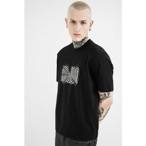 Tricou cu decolteu la baza gatului si model grafic - Negru/Alb murdar imagine