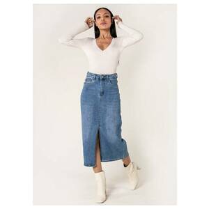 Fusta albastra de denim cu slit frontal P215 M10 18755 - Albastru imagine