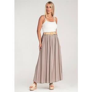 Fusta lunga evazata - talie elastica - curea impletita - bej - material usor - imagine