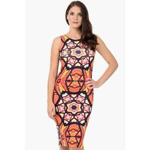 Rochie midi cu model geometric - Galben sofran/Rosu corai/Bleumarin imagine