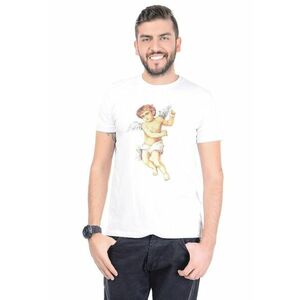 Tricou cu decolteu la baza gatului si imprimeu grafic - Bej inchis/Alb optic imagine