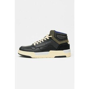 Pantofi sport mid-cut de piele si segmente de denim - Negru/Kaki inchis imagine