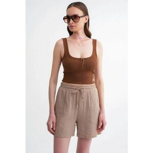 Pantaloni scurti dama - bumbac texturat - talie inalta - Bej Natural imagine