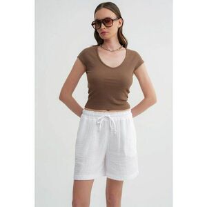 Pantaloni scurti dama - bumbac texturat - talie inalta - Alb imagine