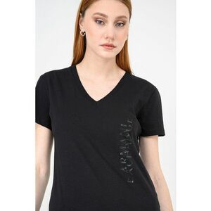 Tricou de bumbac cu decolteu in V si logo discret - Negru imagine
