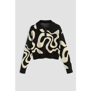 Pulover tricotat jacquard - guler polo - negru - acril imagine