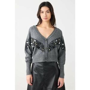 Cardigan cu margele si strasuri - Negru/Gri melange imagine