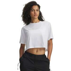 Tricou crop cu croiala lejera si logo decorat cu strasuri - Alb optic imagine