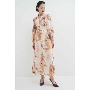 Rochie midi cu model si maneci lungi - Verde masliniu/Roz/Roz pal imagine