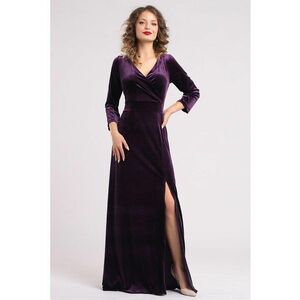 Rochie lunga din catifea cu slit lateral - Mov inchis imagine