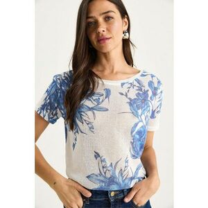 Tricou dama decolteu rotund - imprimeu floral - Alb/Albastru imagine