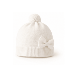 Caciula bebeluse alba cu funda si pompon din bumbac si lana - Alb Natural - 9-12 LUNI imagine