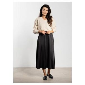 Fusta midi - satin - talie inalta - croiala evazata - negru - poliester imagine