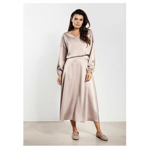 Fusta midi - satin - talie inalta - bej imagine
