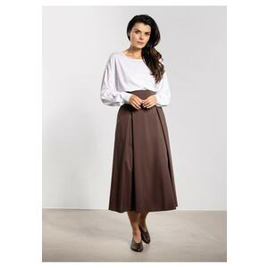 Fusta midi talie inalta - cordon - evazata - ciocolatiu - nylon imagine