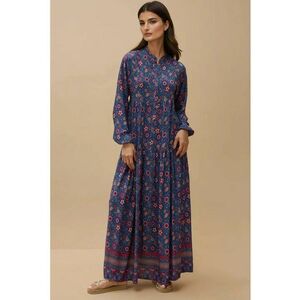Rochie maxi - imprimeu - decolteu in V - albastra - textil imagine