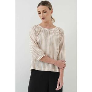Bluza cu dungi si maneci trei sferturi - Alb/Maro camel imagine
