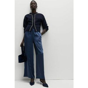 Pantaloni drepti din satin cu snur in talie - Albastru petrol imagine