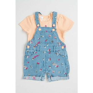 Set de body cu model uni si salopeta din denim cu imprimeu floral - 2 Piese - Portocaliu deschis/Albastru imagine