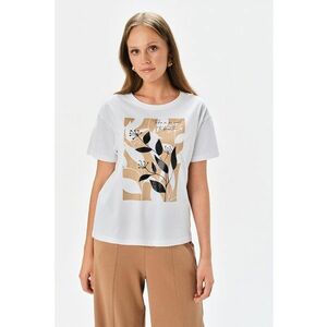 Tricou de bumbac cu imprimeu floral - Maro nisip/Alb optic imagine