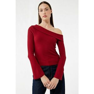 Bluza cu decolteu pe un umar si mansete tip clopotel - Rosu inchis imagine