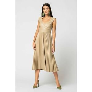 Rochie midi de piele ecologica si pliuri - Bej imagine