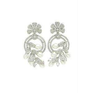 Cercei drop cu zirconia si perle sintetice - Argintiu imagine