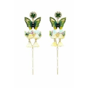 Cercei lungi cu cristal si fluture placati cu aur de 18K - Verde imagine