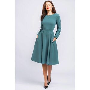 Rochie midi evazata cu decolteu barcuta - Albastru petrol imagine