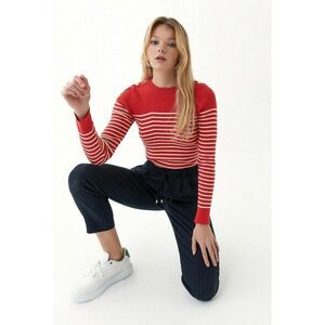 Pulover din amestec de modal si bumbac cu model in dungi - Alb/Rosu vermillion imagine