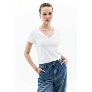 Tricou din bumbac cu decolteu in V - Alb optic imagine