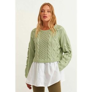 Pulover combi cu model torsade - Alb/Verde pal imagine