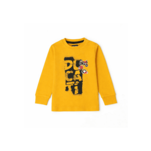 Tricou pentru baieti bumbac interlock guler rotund imprimeu moto - galben mustar imagine