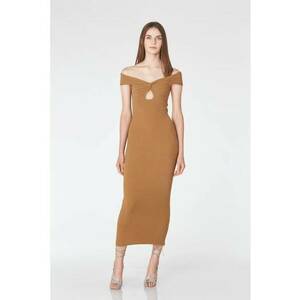Rochie midi cu croiala cambrata si decolteu pe umeri - Caramel imagine