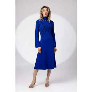 Rochie cu guler mediu si garnitura cu model geometric - Albastru royal imagine