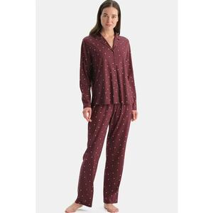 Pijama din bumbac si modal cu maneci lungi si imprimeu cu inimi - Alb/Visiniu imagine