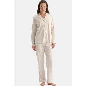 Pijama din bumbac si modal cu model in dungi - Bej/Alb murdar imagine