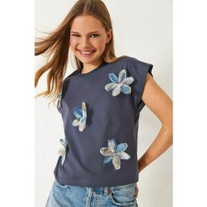 Tricou dama - brodat - gri inchis - maneca scurta - Gri inchis imagine