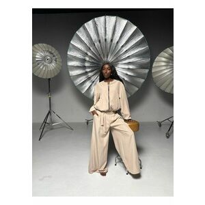 Set de jacheta bomber si pantaloni palazzo Voyageuse - Bej imagine