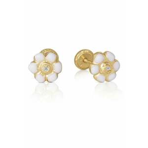 Cercei cu Protectie pentru Copii din Aur Galben de 18K cu Diamante de 0.05ct - Floare - imagine