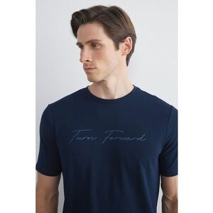 Tricou din amestec de bumbac cu decolteu la baza gatului - Bleumarin imagine