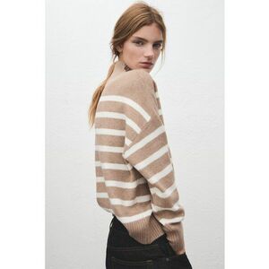 Pulover cu decolteu la baza gatului si dungi - Alb/Bej imagine